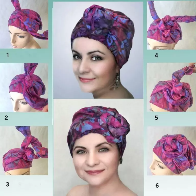 Come fare un chalm da un fazzoletto? 46 Photo Come legare una sciarpa sotto forma di un turbante sulla testa con le tue mani? Schemi passo-passo per le donne 2617_24