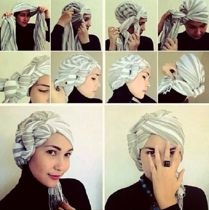 Kako napraviti chalm iz maramicu? 46 fotografija Kako vezati šal u obliku turbana na glavi sa svoje ruke? Korak-po-korak sheme za žene 2617_25