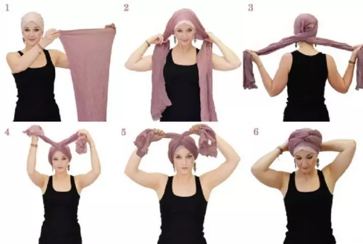Hogyan készítsünk egy Chalmot egy zsebkendőjéről? 46 Fotó Hogyan kötözzen egy sálat egy turbán formájában a fejedben? Step-by-step sémák a nők számára 2617_26