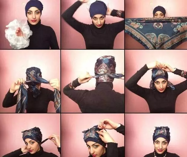 Kako napraviti chalm iz maramicu? 46 fotografija Kako vezati šal u obliku turbana na glavi sa svoje ruke? Korak-po-korak sheme za žene 2617_27