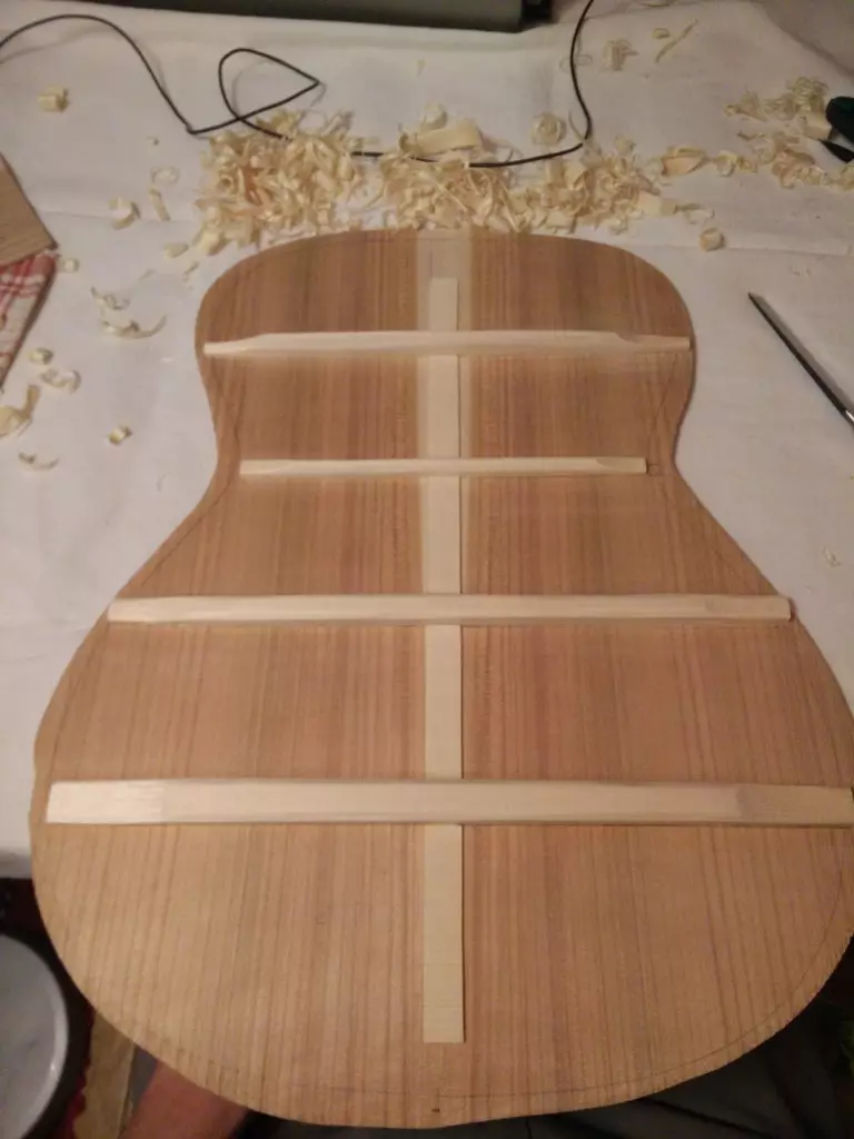 Come fare una chitarra? Fare le tue mani in base al disegno con dimensioni a casa da legno e compensato. Cos'altro posso fare te stesso? 26238_31