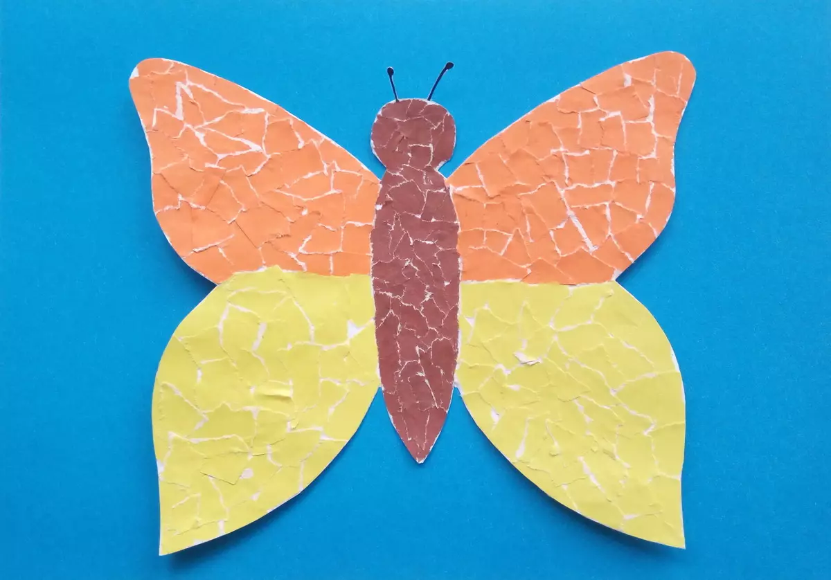 Appliques Butterfly (37 foto): nga gjethet e thata dhe letër me ngjyrë për fëmijët, nga materialet natyrore, volumetrike dhe shpërthim Appliqué 26383_2