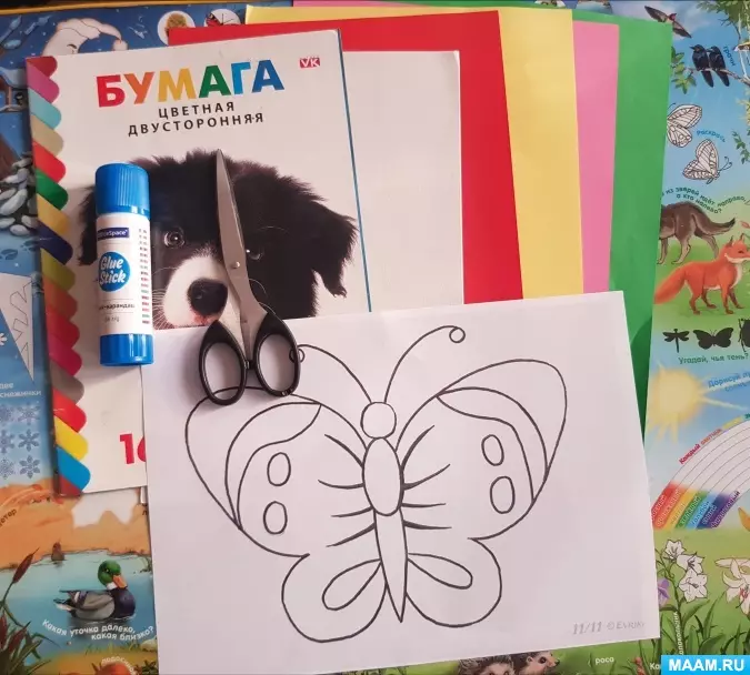 Апликации за пеперутки (37 фотографии): од суви лисја и обоена хартија за деца, од природни материјали, волуметриски и дефект аплицираат 26383_23
