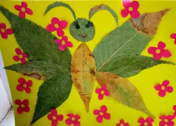 Kupu-kupu Appliques (37 foto): Dari daun kering dan kertas berwarna untuk anak-anak, dari bahan alami, appliqu volumetric dan breakdown 26383_29