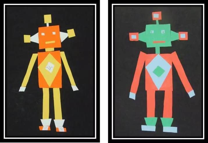 Appliques làm bằng hình dạng hình học (67 ảnh): Thủ công của động vật từ hình tam giác cho trẻ em 3-4 tuổi, người đàn ông và máy, cáo và cò, nhà và các tác phẩm khác 26393_44
