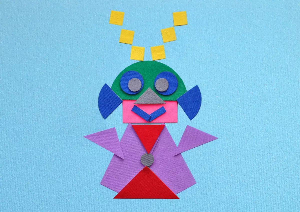 Appliques de formes geomètriques (67 fotos): artesania d'animals de triangles per a nens de 3 a 4 anys, home i màquina, guineu i cigonya, casa i altres composicions 26393_48