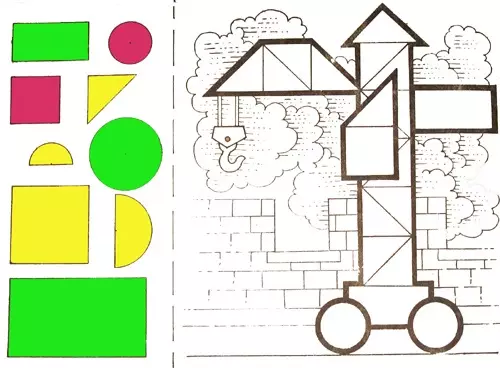 Апликации, изработени от геометрични фигури (67 снимки): занаяти на животни от триъгълници за деца на 3-4 години, човека и машината, лисица и щъркел, къща и други композиции 26393_5