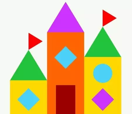 Applikationer av geometriska former (67 foton): Hantverk av djur från trianglar för barn 3-4 år gammal, man och maskin, räv och stork, hus och andra kompositioner 26393_61