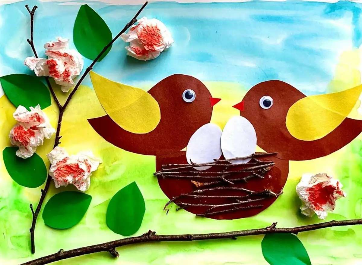 主题“春天”主题的贴花：如何用孩子们制作春天的彩色纸？其他儿童对“春天”主题的贴花 26412_12