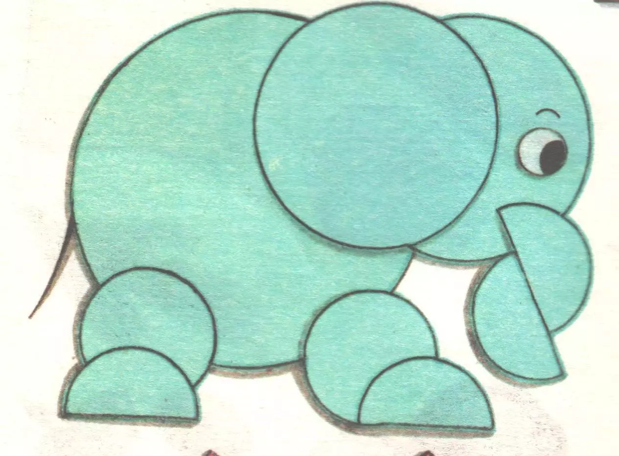 Sovellus ympyröiltä: elefantti ja papukaija väripaperin piireistä, Cheburashasta ja Crabille lapsille, volumetrinen DIY DIY 26432_15