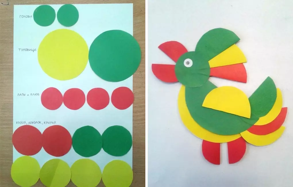 Anvendelse fra cirklerne: Elephant og papegøje fra farvepapircirkler, ChebeBurashka og krabbe til børn, volumetrisk DIY DIY 26432_16