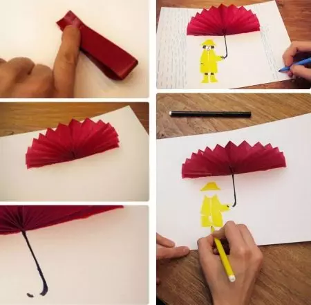Vykort från papper med egna händer: Hur man gör ett födelsedagskort med ett paraply? Korrugerad papper, kort med ett hjärta och andra 26462_31