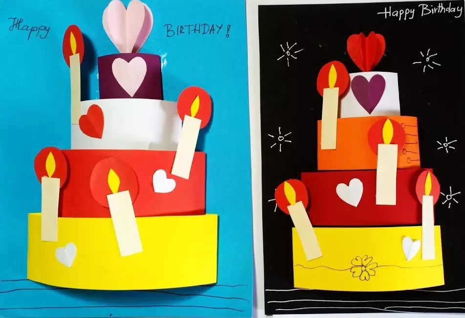 Postkort fra et barn til en bursdag med egne hender: Fra papir og trukket barns postkort for barn 2-3 og 4-5, 6-7 år og annet 26464_13