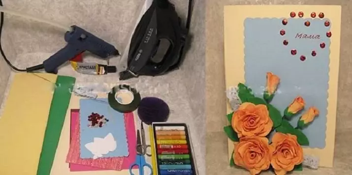 Postkort med blomster med egne hender: Hvordan lage blomster fra farget papir inne i postkortet? Håndverk med volumetriske blomster og tørkede sett 26479_42