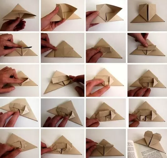 სანიშნი - Corners: როგორ გააკეთოს სანიშნე-origami ქაღალდის წიგნების საკუთარი ხელებით ეტაპობრივად? Corner სამკუთხა და სხვა სანიშნეების, წარმოების სქემები 26493_16