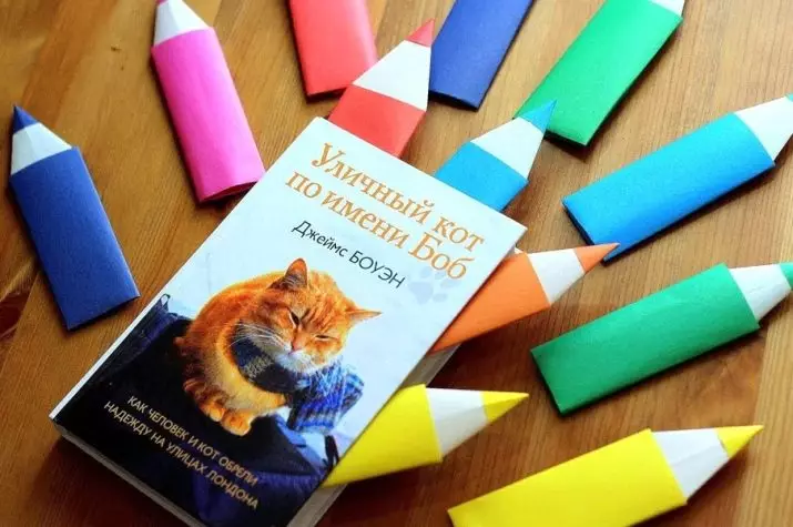 Bookmark-pencil: Origami-tetenger digawe saka kertas lan appliqué. Kepiye cara kanggo nggawe buku langkah langkah-langkah dhewe miturut rencana kasebut? 26496_34