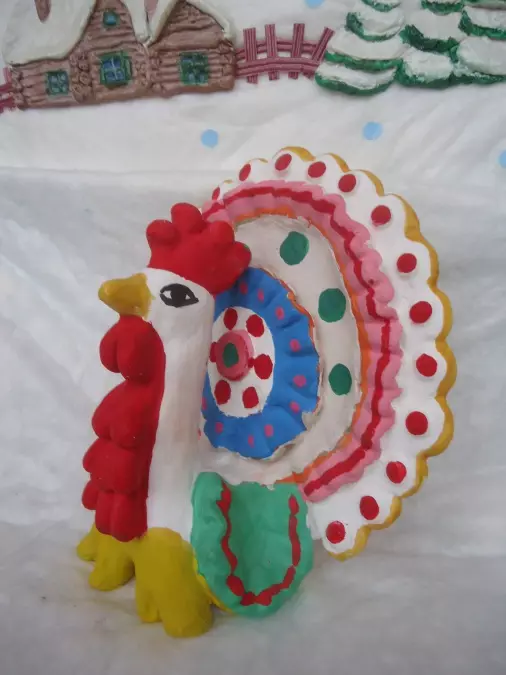 Dymkovskaya играчка од пластистина (54 фотографии): Фавоуд патки од коза и коњи, дами, птици и појаснување, петел и занаети врз основа на dymkovsky играчки 26613_48