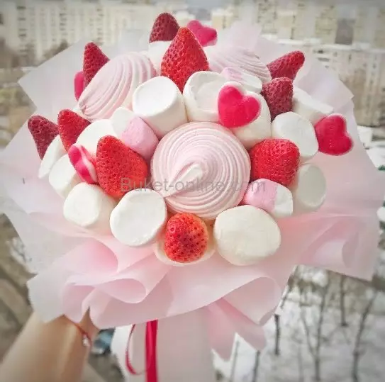 A boouquet saka marshmallow (43 foto): Cara nggawe dhewe saka marshmello lan marmalade? Langkah-langkah gambar saka bouquets marshmallow kanggo pamula 26634_10