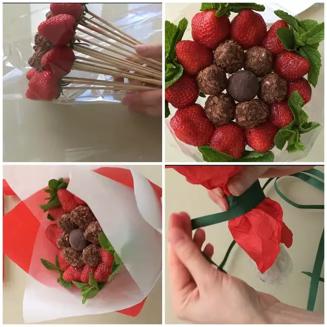 Букети от ягоди (36 снимки): как да се направи ягода в шоколад в букет от ръцете си стъпка по стъпка? Как се прави ягодов букет от ягоди и цветове? 26653_36