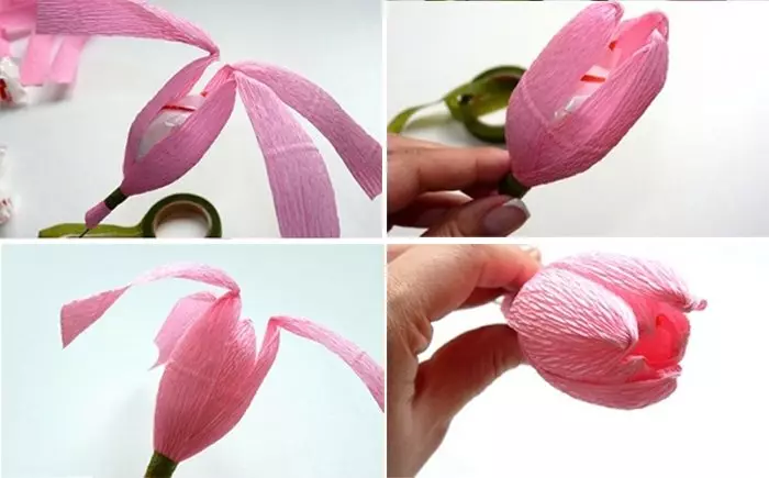 Flors de paper crepe amb les seves pròpies mans (32 fotos): Com fer roses principiants en una classe magistral? Què fer des de paper tinta i densa? 26671_15