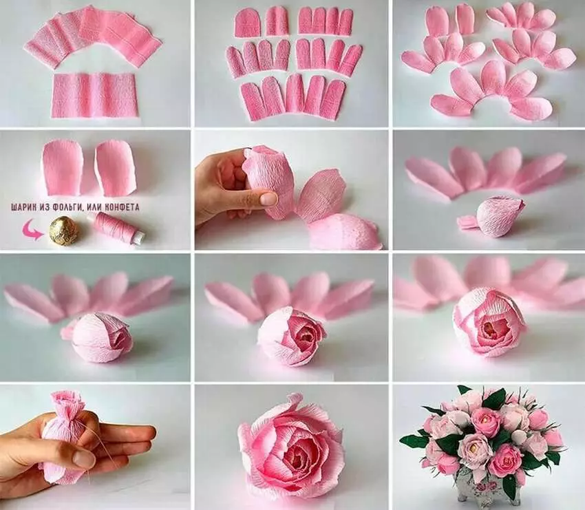 Flors de paper crepe amb les seves pròpies mans (32 fotos): Com fer roses principiants en una classe magistral? Què fer des de paper tinta i densa? 26671_4