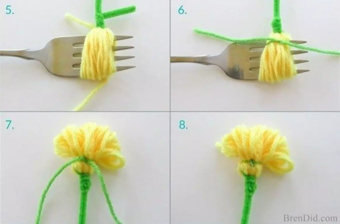 Blomster laget av tråder med egne hender (27 bilder): Hvordan for barn gjør blomster fra ullgarn for strikking og wire, fra Moulin og annet garn? 26672_6