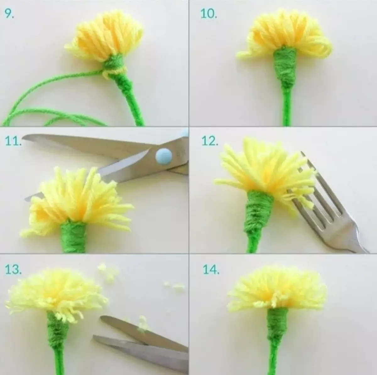 Blomster laget av tråder med egne hender (27 bilder): Hvordan for barn gjør blomster fra ullgarn for strikking og wire, fra Moulin og annet garn? 26672_7