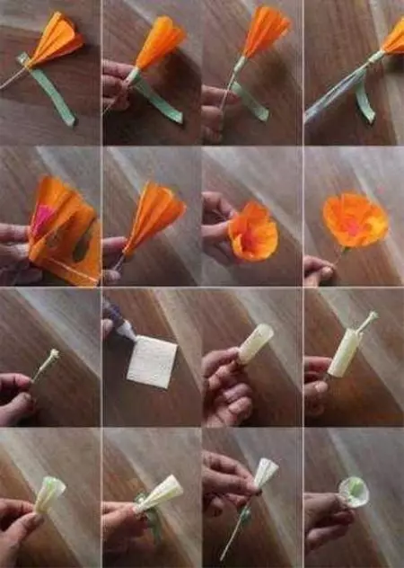 رشته کاغذی: چگونه می توان یک سر و صدای کاغذ را با دستان خود بسازید؟ تاج گل های از کاغذ راه راه و رنگی، در تکنیک اوریگامی 26689_24