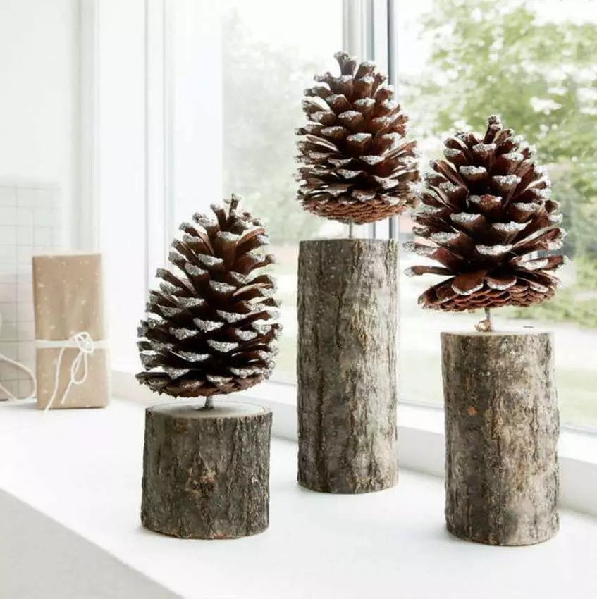 Decor of Cones: Novoročné dekorácie pre domov s vlastnými rukami od smrekových kužeľov a pobočiek. Ako urobiť celoročný dekor? Nápady na dizajn byt 26762_15