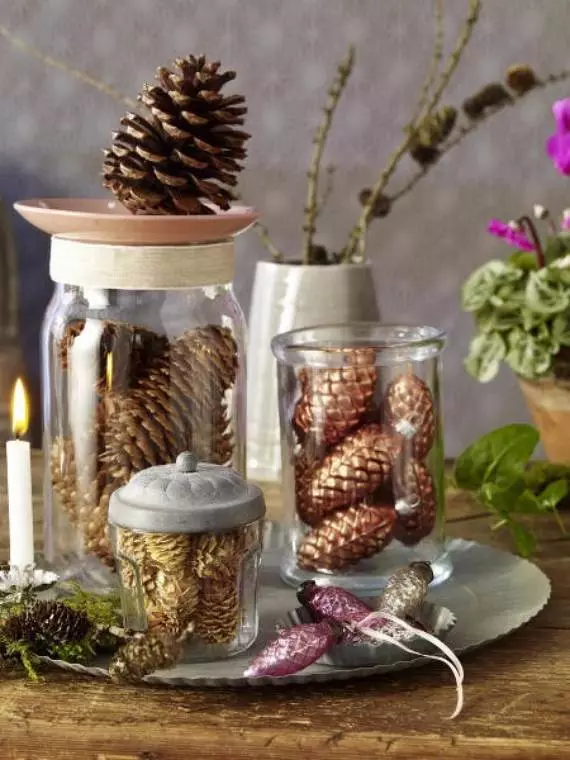 Decor of Cones: Novoročné dekorácie pre domov s vlastnými rukami od smrekových kužeľov a pobočiek. Ako urobiť celoročný dekor? Nápady na dizajn byt 26762_2