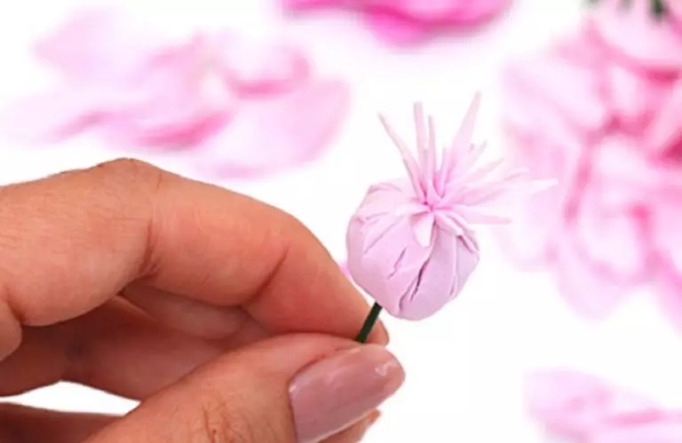 Insolon Peonies (39 장의 사진) : 램프 및 성장 꽃, 마스터 클래스 및 꽃잎 패턴. 그들 자신의 손으로 작은 모란을 만드는 방법은 무엇입니까? 26818_24