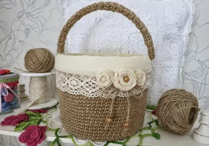 Jute Baskets (49 gambar): Baskets Crochet melakukannya sendiri, bakul dobi dengan dinding pepejal dan idea-idea lain, kelas induk 26917_2