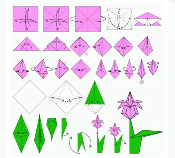 Origami tina kertas berwarna: Kumaha ngadamel kembang tina kertas dua kali sareng leungeun anjeun sorangan? Karajinan pikeun barudak, model cahaya tina kertas hiji-sisi 26933_23
