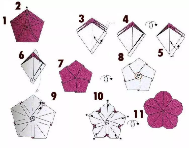 I-Origami isuka kwiphepha elinemibala: Ungayenza njani ukuba iintyatyambo kwiphepha elinamacala amabini ngezandla zakho? Ubugcisa babantwana, iimodeli zokukhanya ukusuka kwiphepha elinye 26933_24