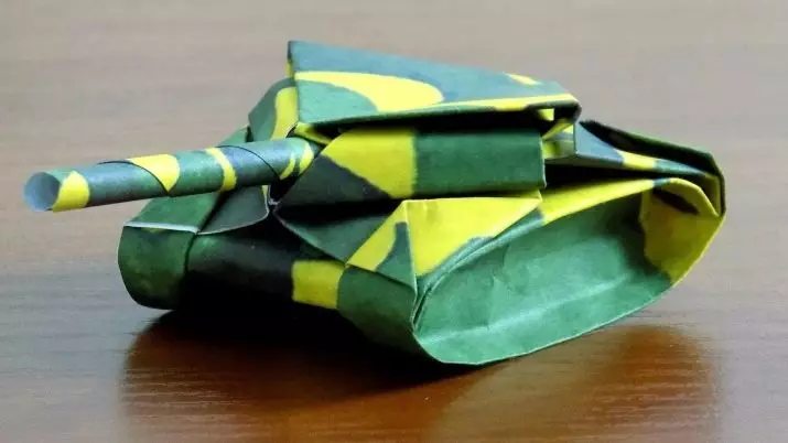Origami «Tank» `ինչպես անել, այն թղթի երեխաների քայլ առ քայլ հրահանգներ? Թեթեւ մոդուլային բաք դիագրամ, պարզ T-34 տանկի ձեր սեփական ձեռքերով 26944_2