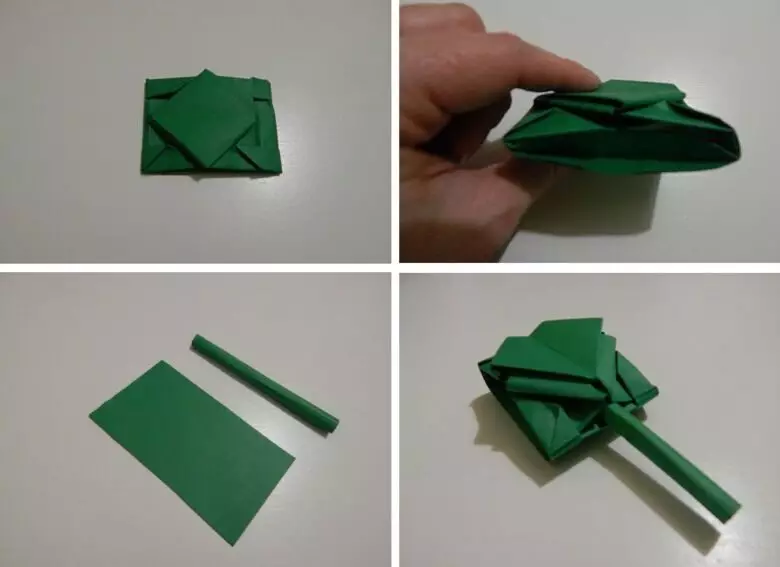 Origami «Tank» `ինչպես անել, այն թղթի երեխաների քայլ առ քայլ հրահանգներ? Թեթեւ մոդուլային բաք դիագրամ, պարզ T-34 տանկի ձեր սեփական ձեռքերով 26944_32
