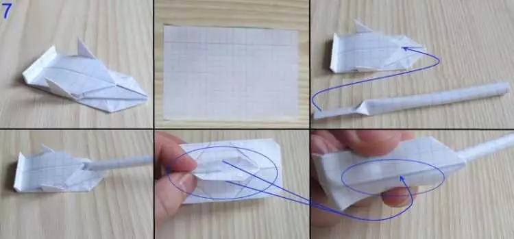Origami «Tank» `ինչպես անել, այն թղթի երեխաների քայլ առ քայլ հրահանգներ? Թեթեւ մոդուլային բաք դիագրամ, պարզ T-34 տանկի ձեր սեփական ձեռքերով 26944_35