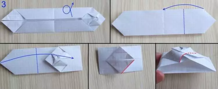 Origami «Tank» `ինչպես անել, այն թղթի երեխաների քայլ առ քայլ հրահանգներ? Թեթեւ մոդուլային բաք դիագրամ, պարզ T-34 տանկի ձեր սեփական ձեռքերով 26944_38