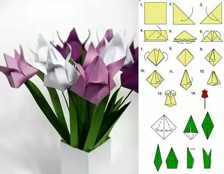 Origami-dāvanu mamma 8. martā: gaismas shēmas. Ko dot no manas meitas? Papīra amatniecība to dara pats, pakāpeniski norādījumi 26946_11