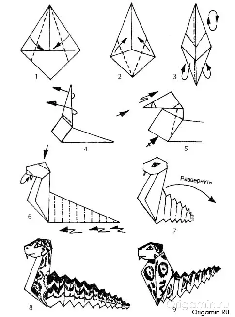 折り紙「スネーク」：方式に従って紙からユニット折り紙を作る方法は？子供のためのステップバイステップの手順。どのように簡単にコブラの頭を作るには？ 26947_10