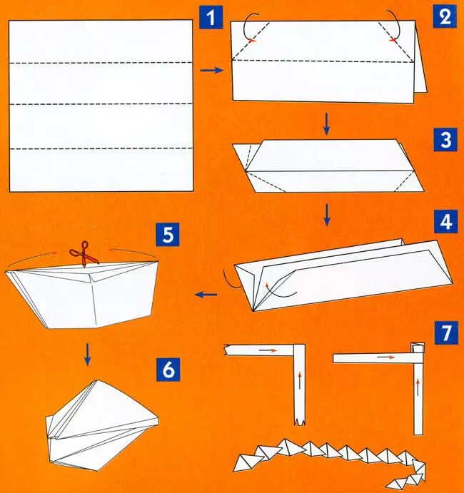 折り紙「スネーク」：方式に従って紙からユニット折り紙を作る方法は？子供のためのステップバイステップの手順。どのように簡単にコブラの頭を作るには？ 26947_6