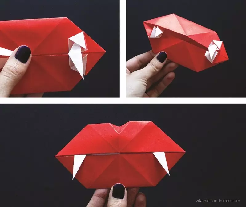 Origami läppar: pratar och andra pappersvampar. Schema och instruktion av vikningssteg för steg för nybörjare 26974_18
