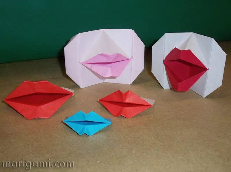 Origami lips: pakikipag-usap at iba pang mga sponghe ng papel. Scheme at pagtuturo ng natitiklop na hakbang-hakbang para sa mga nagsisimula 26974_3