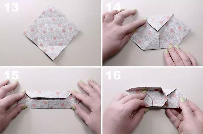 Origami box: Paano gumawa ng isang kahon ng papel gamit ang iyong sariling mga kamay sa isang talukap ng mata? Paano tiklupin ang isang box-cat sa scheme? Ang pinaka-simpleng mga pakete ng origami sa mga sunud-sunod na tagubilin nang walang kola 26986_27