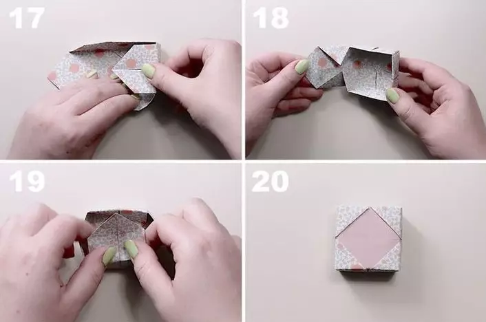 Fitur Origami: Cara nggawe kothak kertas nganggo tangan sampeyan dhewe kanthi tutup? Cara melu kucing-kucing ing rencana kasebut? Paket Origami Paling Gampang ing pandhuan langkah-langkah tanpa lem 26986_28