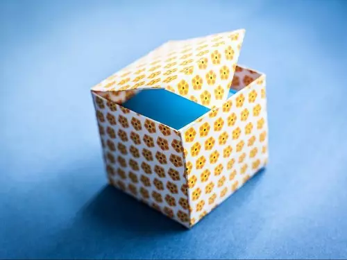 Fitur Origami: Cara nggawe kothak kertas nganggo tangan sampeyan dhewe kanthi tutup? Cara melu kucing-kucing ing rencana kasebut? Paket Origami Paling Gampang ing pandhuan langkah-langkah tanpa lem 26986_4
