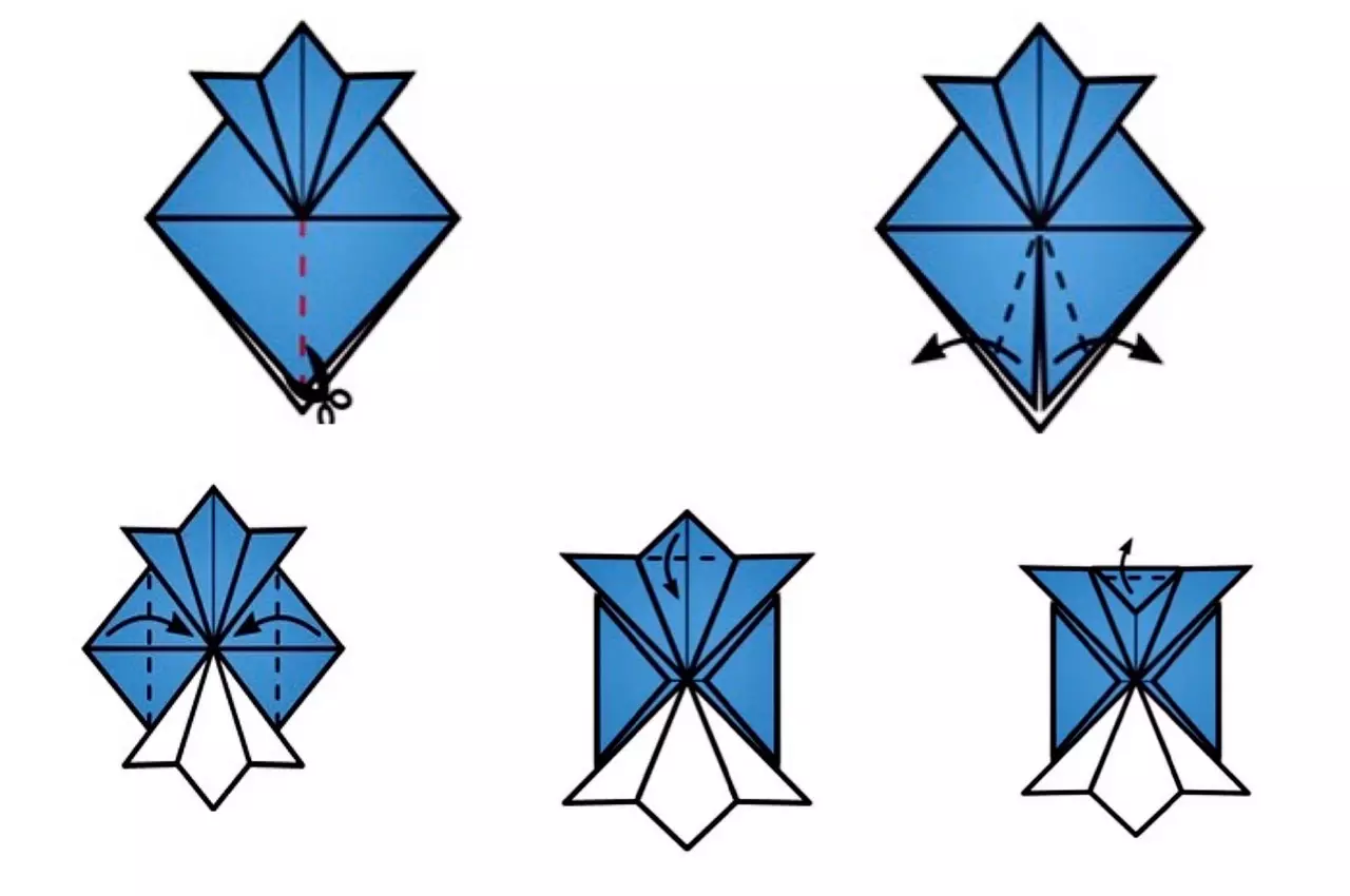 Origami kuva ku mpapuro kubana 5-6 imyaka 5-6: Gahunda yintambwe ya-yintambwe, ubukorikori bworoshye n'amaboko yabo. Nigute byoroshye gukora icyiciro gishyushye kubatangiye ishuri rya Master? 26988_22
