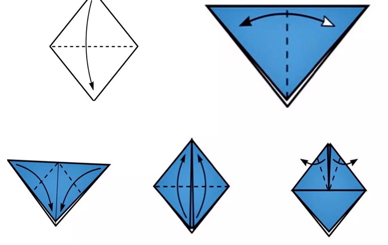 Origami de papel para crianças 5-6 anos de idade: esquemas passo-a-passo, artesanato simples com suas próprias mãos. Quão fácil é fazer uma aula de calor nos iniciantes da Master Class? 26988_23