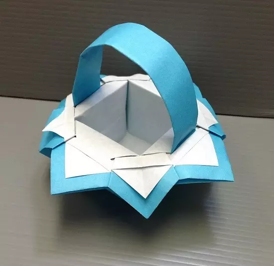 Origami-զամբյուղ: Հավաքովի օրիգամիի թղթից եւ պարզ զամբյուղ սեփական ձեռքերով. Ինչպես կատարել մի զամբյուղի, ըստ սխեմայի երեխաների համար. 27010_7