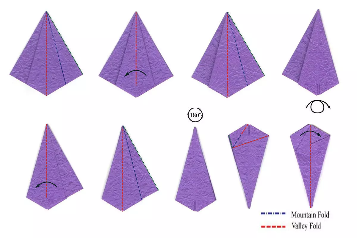 摺紙“虹膜”：根據該方案的簡單紙花。如何用自己的手初學者逐步指導優雅的虹膜？ 27028_10